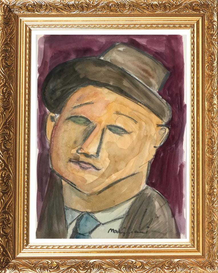 MODIGLIANI- Original WATERCOLOR- "Max Beckman"- signed, Nice paperwork -pHD APPROVAL- Perfect Signature- Flat Ship- A Beauty!